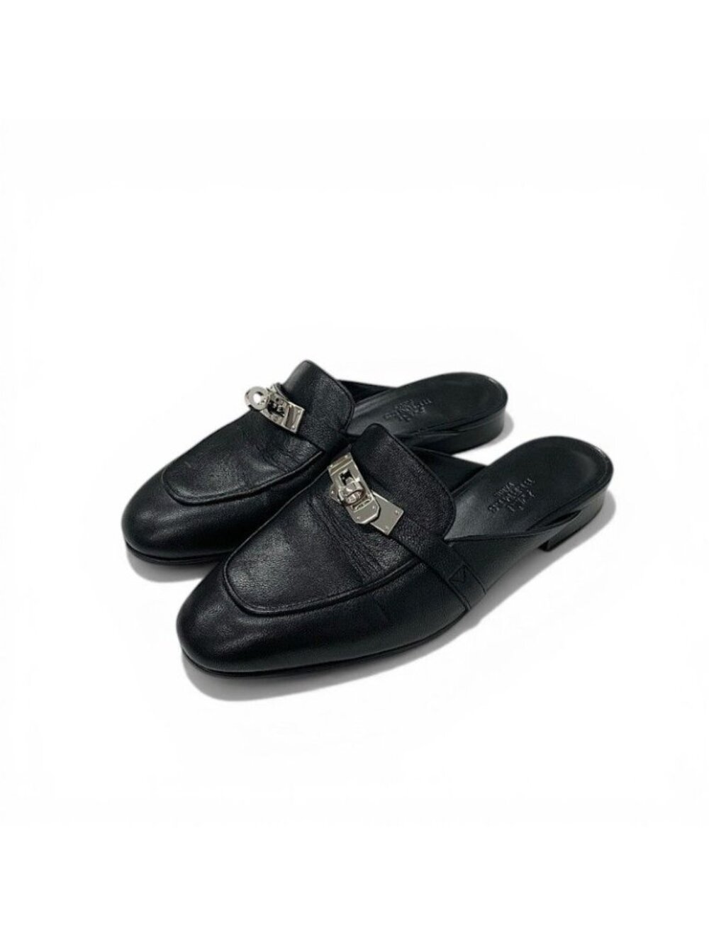 Hermes Oz Sandals Shoes Leather Black Silver Mules Kelly Slippers
